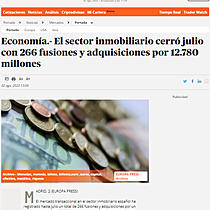 Economa.- El sector inmobiliario cerr julio con 266 fusiones y adquisiciones por 12.780 millones